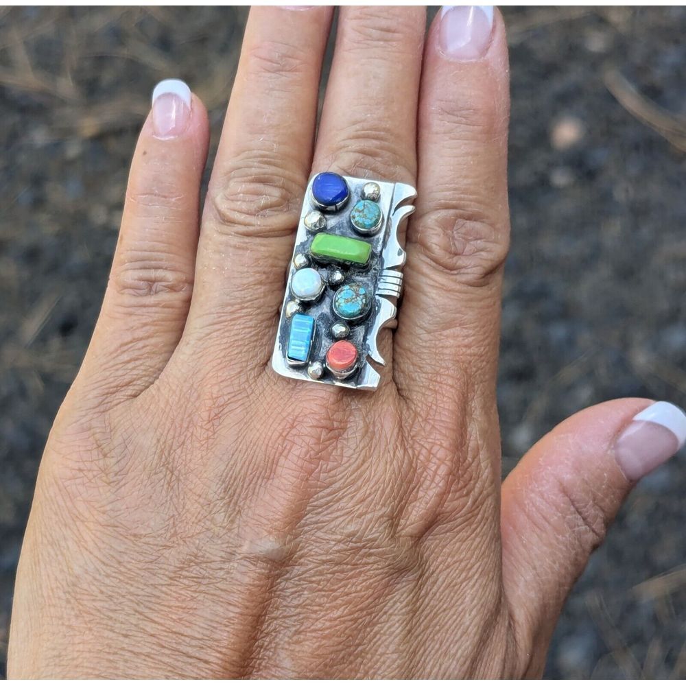 Navajo Handmade Ring with Multi Stones Women's size 9.25 Rectangle Sterling ***